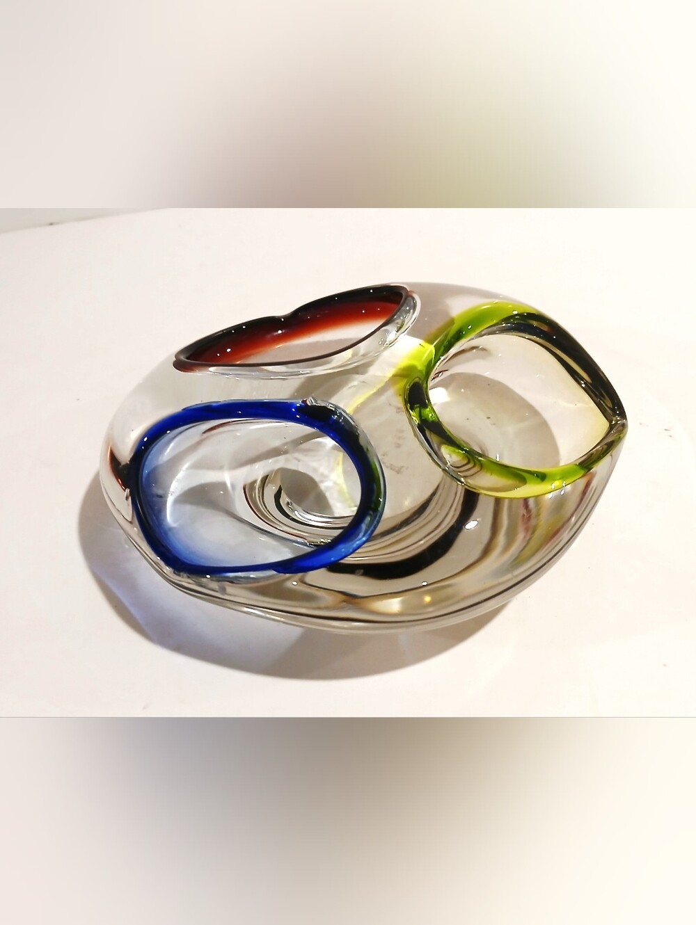 Vintage Tri-Color Art Glass Centerpiece Bowl with Blue, Green, and Red Accents